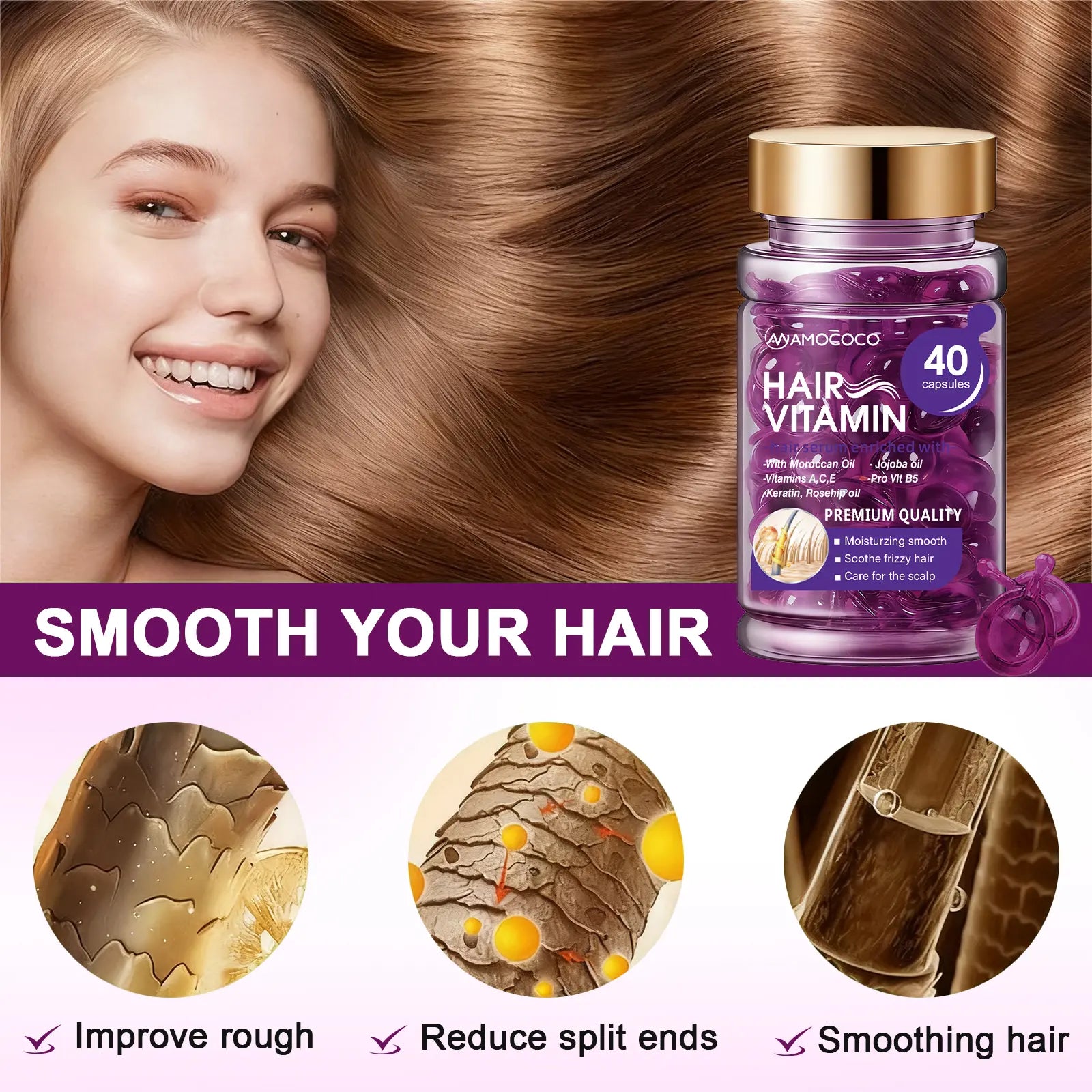 Hair Vitamin Capsules Infused with Violet Vitamins & Argan Oil for Color-Treated & Permed Hair Smooths Frizz Restores Silkiness & Shine 40 Capsules.